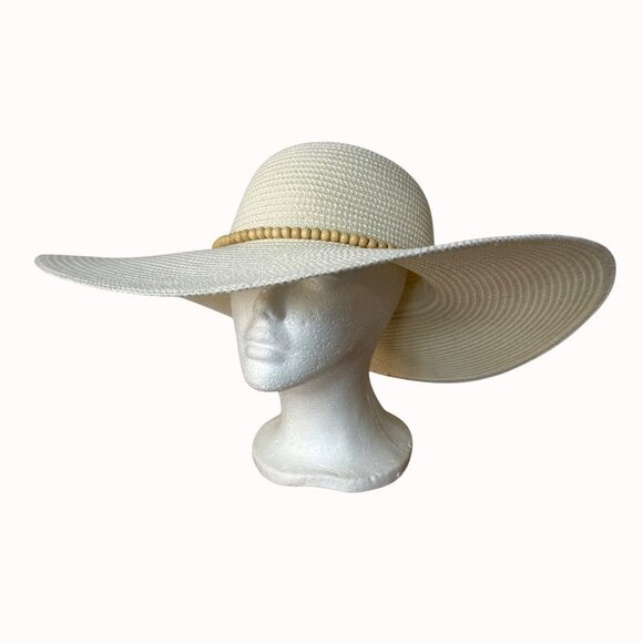New Day Wide Brim Straw Sun Hat Wooden Bead Band Size M Resort Chic Beach Cruise - Picture 4 of 16